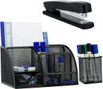 Neudeco Desk Organizers and Accessories, Office Supplies Mesh Desk Organizer Caddy with Drawer 6 Compartments + Pen Holder / 72 Paper Clips Binder Clips Set, Black Desktop Organizer for Home Office